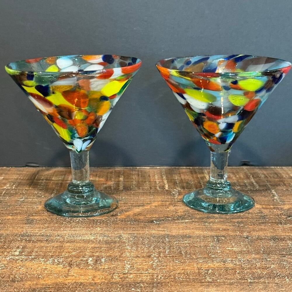 Set‎ of 2 Mexican Hand Blown Confetti Margarita Glasses Artisan Glass Barware